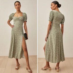Reformation Lacey Dress 8 Juniper Green Micro Floral Puff Sleeve Side Slit